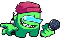 a green among us character is holding a microphone and wearing a hat .