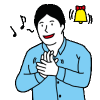 a cartoon drawing of a man clapping with a yellow bell in the background