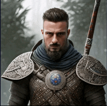 a man with a beard and a sword is wearing armor