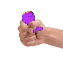 a man 's fist with a purple cartoon character on it