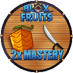 a logo for blox fruits 2x mastery with a sword and a pumpkin