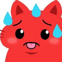 a red cartoon cat with sweat coming out of its nose