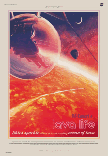 a poster for lava life shows a hot air balloon flying over earth