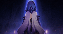 a girl with long white hair and a blue hood is standing in a dark room with candles .