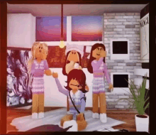 a group of dolls are standing next to each other in a room .