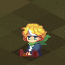 a pixel art of a boy with a scarf around his neck and a hand pointing up