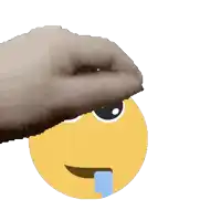 a cartoon smiley face with a tongue sticking out and a hand behind it