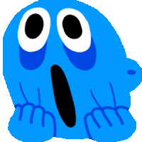 a blue cartoon character with big eyes and a surprised look on its face