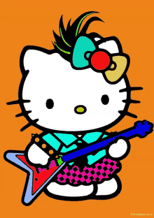 a drawing of hello kitty with a mohawk holding a guitar