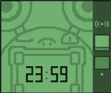 a green digital clock shows the time as 23:59