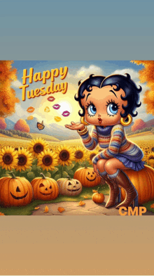 a picture of betty boop sitting on a pumpkin with the words happy tuesday written above her