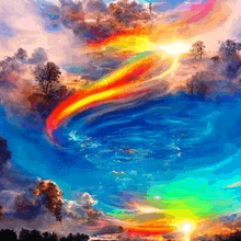 a painting of a rainbow in the sky with trees in the background