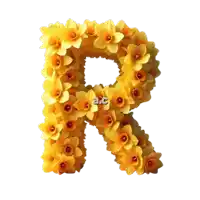 the letter r is made out of yellow flowers and has the letters a.c. below it