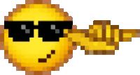 a pixel art of a smiley face wearing sunglasses and giving a middle finger