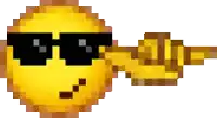 a pixel art of a smiley face wearing sunglasses and giving a middle finger