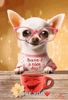 a small dog wearing glasses and a shirt that says have a nice day sits next to a cup of coffee