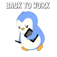a penguin holding a tablet and a pen with the words back to work above it