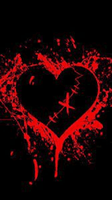 a black heart with stitches in it is surrounded by red paint .