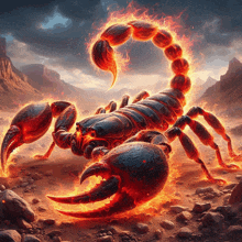 a scorpion is surrounded by flames and rocks