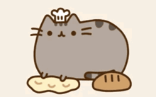a cartoon cat with a chef 's hat on its head is eating bread