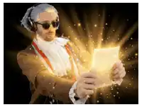 a man in a costume is holding a piece of paper
