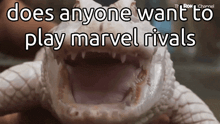 a crocodile is being held in someone 's hands with the caption does anyone want to play marvel rivals