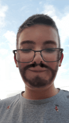 a young man with glasses and a fake beard is smiling