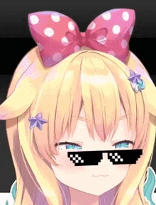 a close up of a anime girl wearing sunglasses and a pink bow .