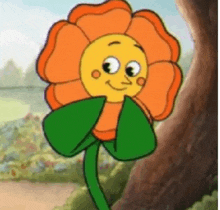 a cartoon flower with a yellow face and green leaves is smiling .