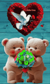 two teddy bears holding a bouquet of flowers and a heart with anita cruz written on it