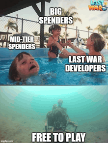 a picture of a child in a pool with the caption big spenders mid-tier spenders and last war developers