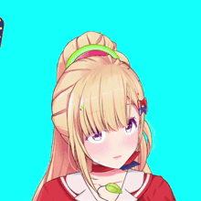 a girl with blonde hair and purple eyes is wearing a red and white outfit