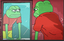 a green frog in a red shirt is looking at himself in the mirror