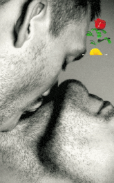 a close up of two men kissing with a rose in the background