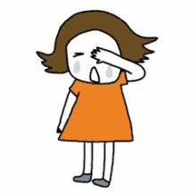 a cartoon of a girl in an orange dress crying and covering her face with her hand .