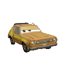 a cartoon car from cars with a green stripe on the side is sitting on a white background .