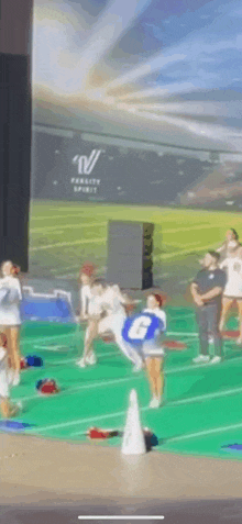 a group of cheerleaders are standing on top of a green field .