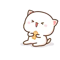 a cartoon cat is holding a piece of food in its mouth