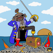 a cartoon of a pirate with a sword and treasure chest