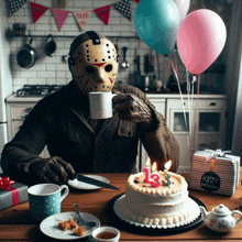 a man wearing a jason voorhees mask is sitting at a table with a birthday cake and balloons