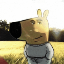 a cartoon character standing in a field wearing a white sweater