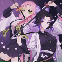 three anime girls are standing next to each other holding swords in their hands .