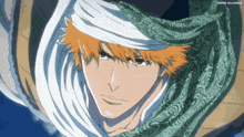 a drawing of a man with orange hair and a white scarf around his head