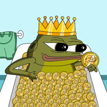 a frog wearing a crown is holding a coin in a bathtub full of gold coins