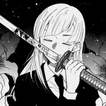 a black and white drawing of a girl holding a samurai sword in her mouth .