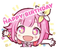 a pink anime girl with a flower in her hair is holding her arms out and saying happy birthday .