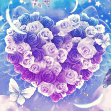 a heart shaped bouquet of purple and blue roses