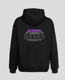 a black hoodie that says screen media team on it