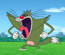 a cartoon cat with a red nose is screaming in a field