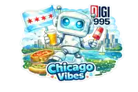 a chicago vibes sticker with a robot holding a drink and an ice cream